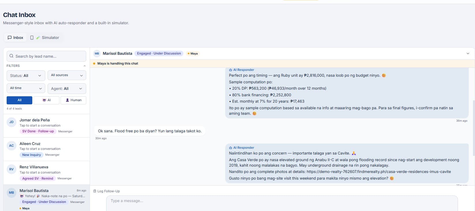 FindMeRealty chat inbox: Maya replying in Taglish with a full sample computation — ₱2,816,000 total, 20% down payment, estimated monthly amortisation — then answering a buyer's flooding concern and offering a site visit.