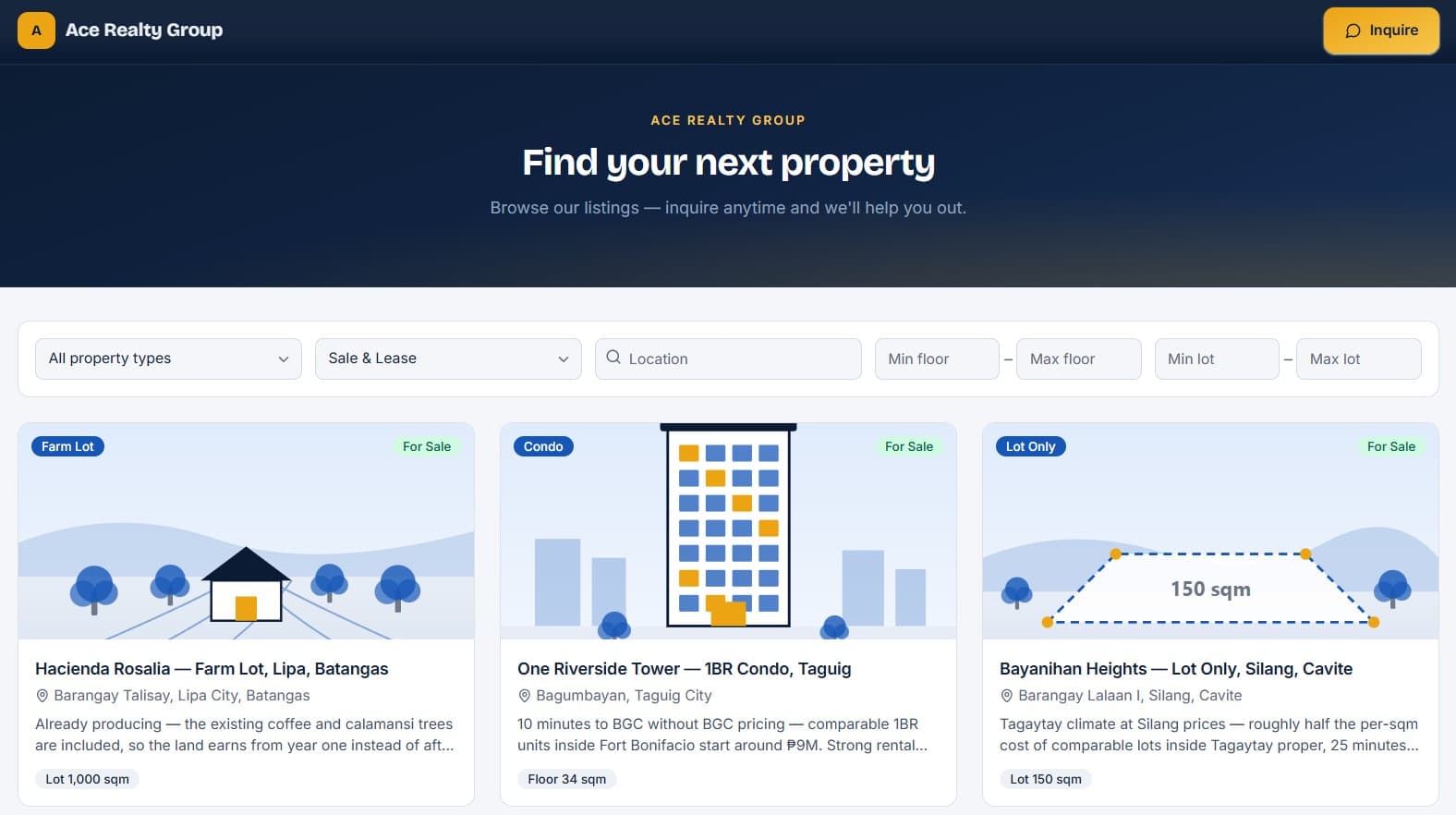 A branded public listing site at a custom subdomain, showing three property cards with filters.
