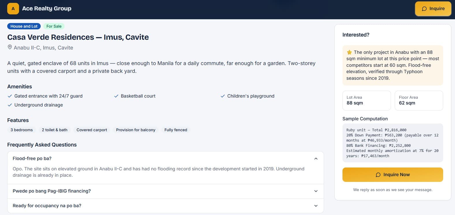 Public property page for a house and lot in Imus, Cavite, showing amenities, features, Taglish FAQs and a sample computation.